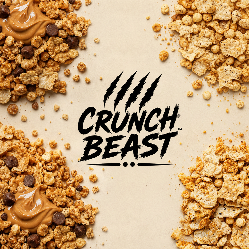 Crunch Beast cereal with peanut butter and chocolate on a beige background