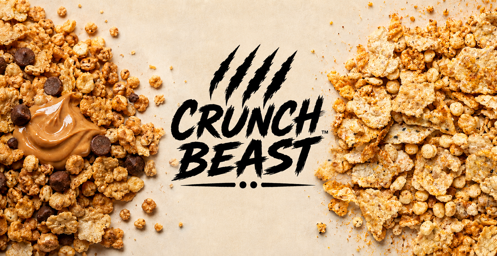 Crunch Beast cereal with peanut butter and chocolate on a beige background