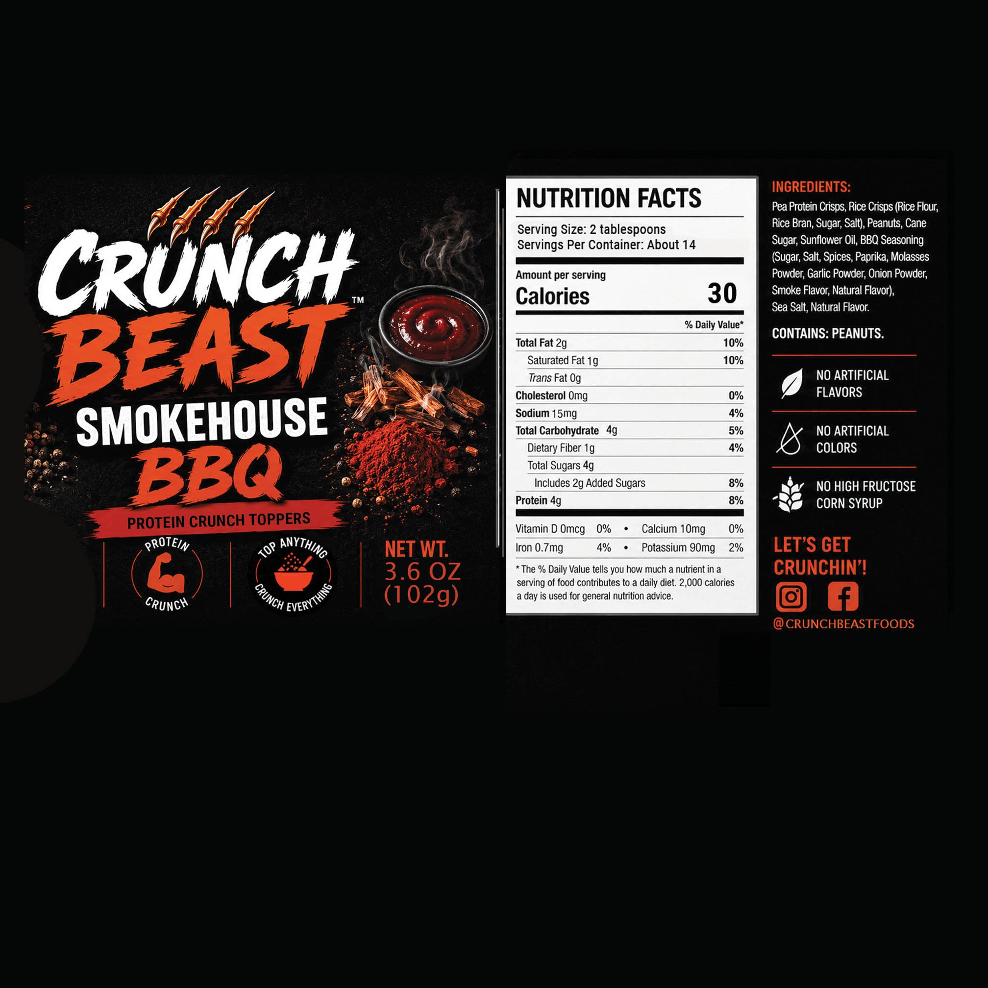 Crunch Beast Smokehouse BBQ label with nutrition facts and ingredients on a black background