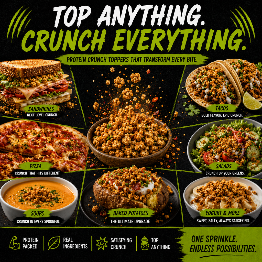 Promotional graphic for protein crunch toppers with various food items and text.