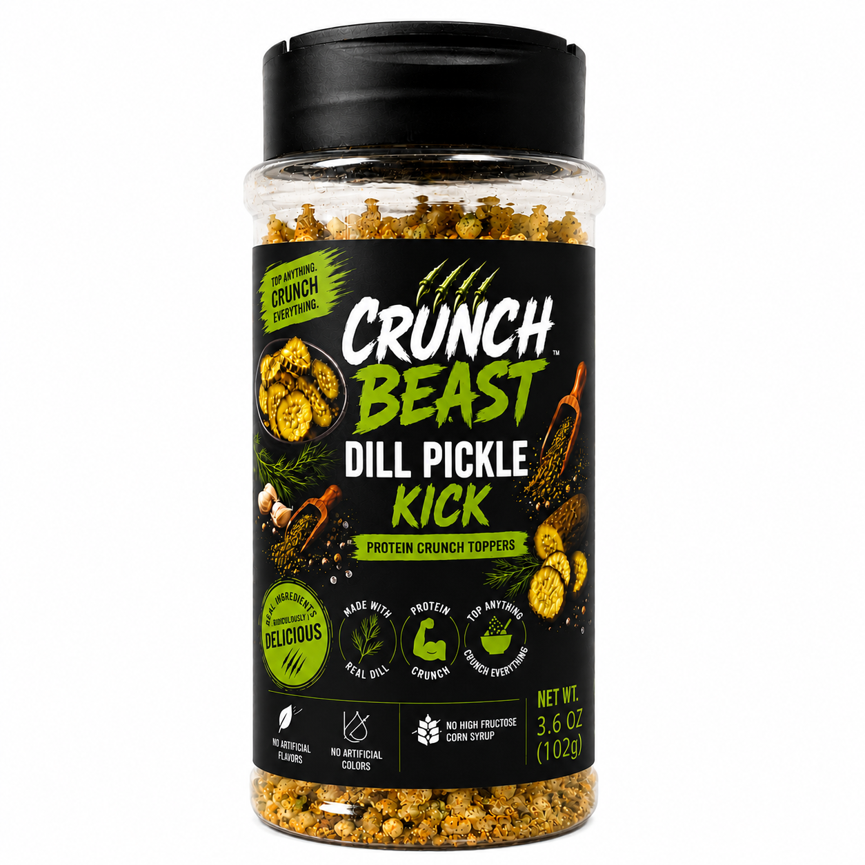 Jar of Crunch Beast Dill Pickle Kick protein crunch toppers on a white background