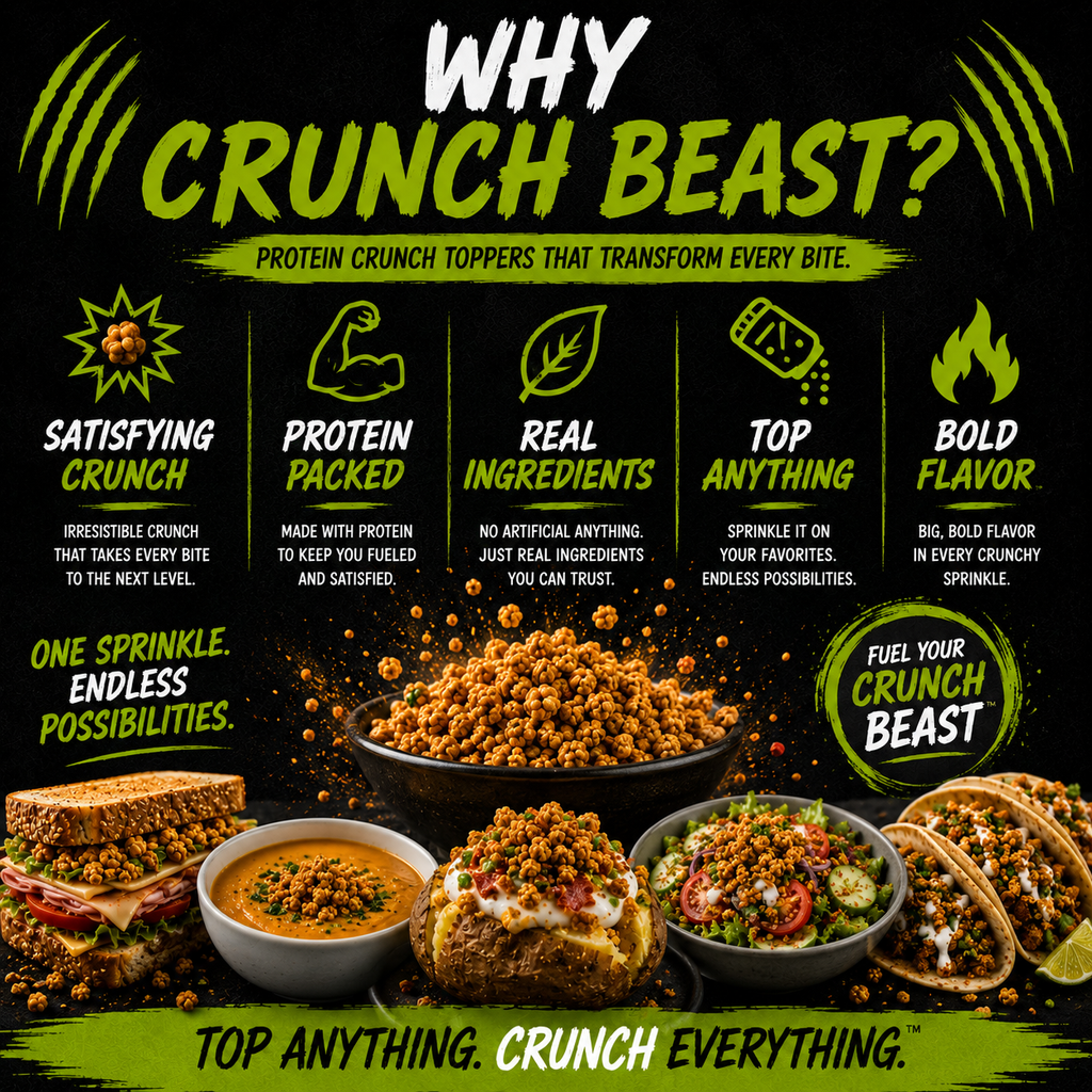 Promotional graphic for Crunch Beast protein crunch toppers with text and images of food items.