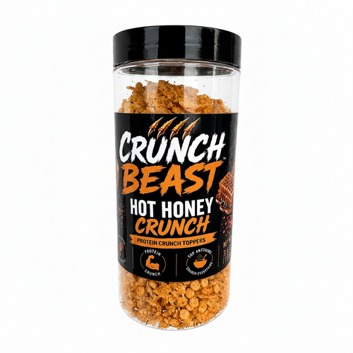 Jar of Crunch Beast Hot Honey Crunch protein crunch toppers on a white background