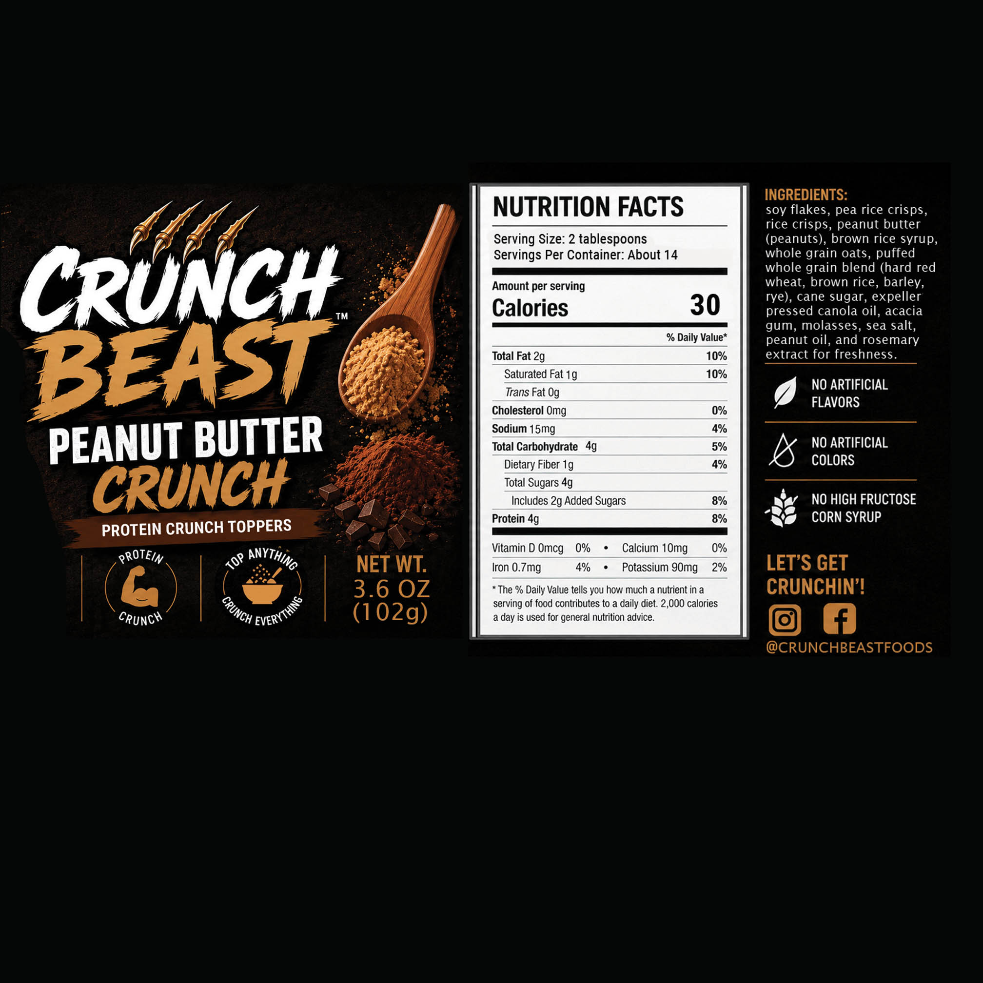 Label of Crunch Beast Peanut Butter Crunch protein crunch toppers with nutrition facts and ingredients listed.