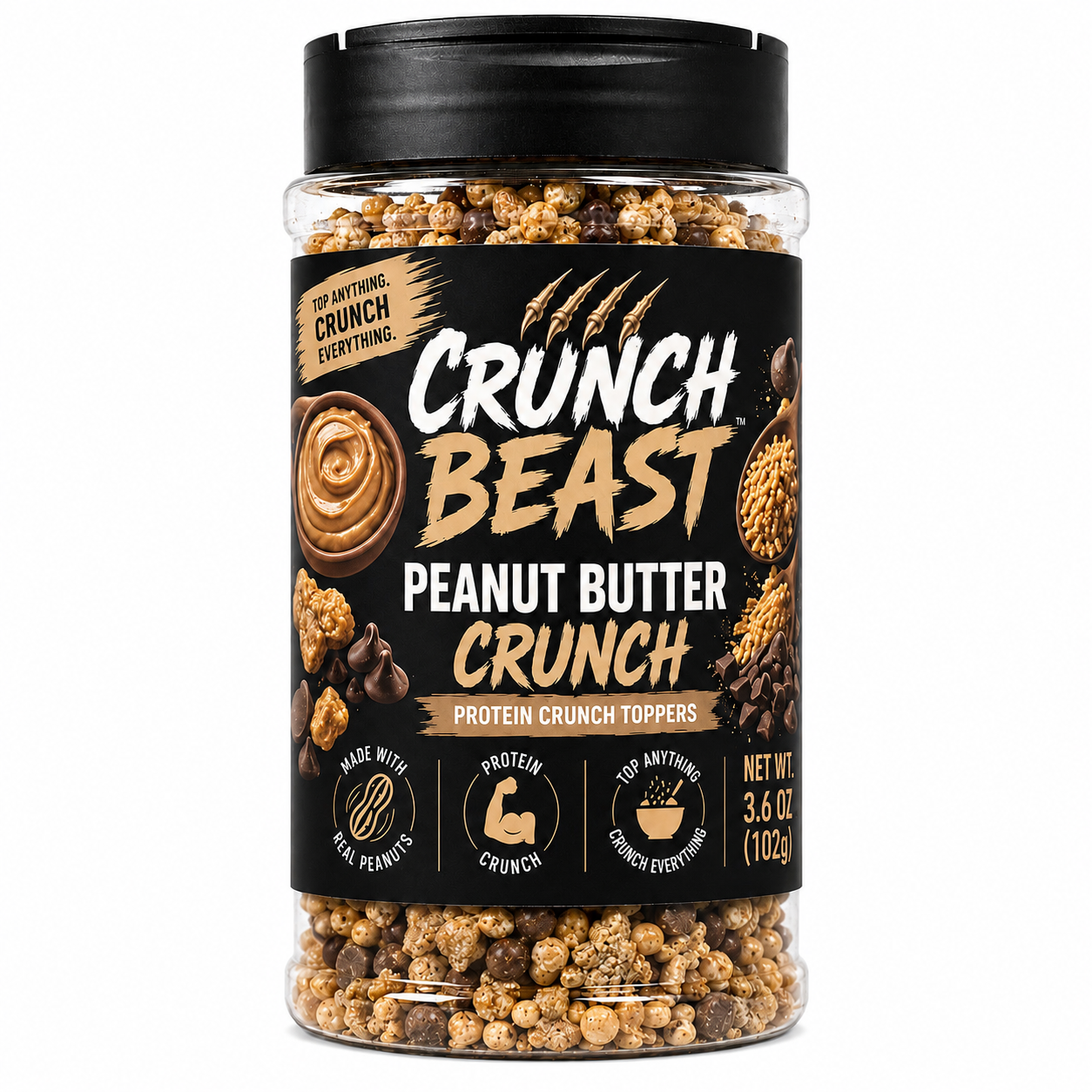 Jar of Crunch Beast Peanut Butter Crunch protein crunch toppers on a white background