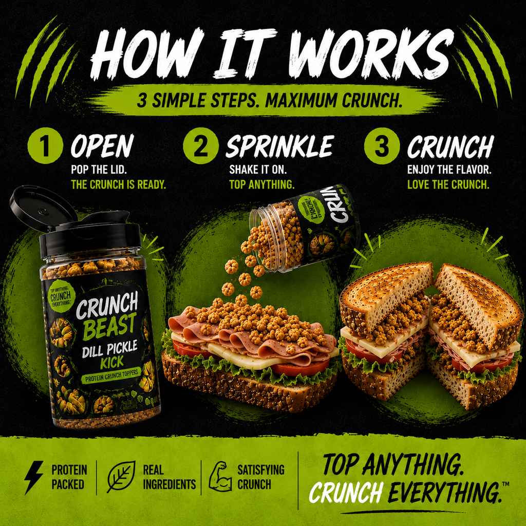 Instructions on how to use Crunch Beast dill pickle crunch with a sandwich on a green background.
